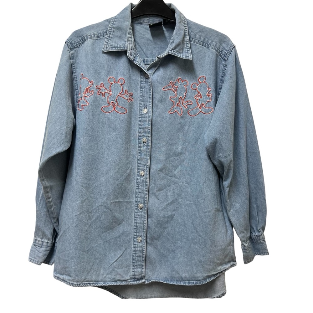Light Blue Denim Button-Up Shirt with Pink Embroidery